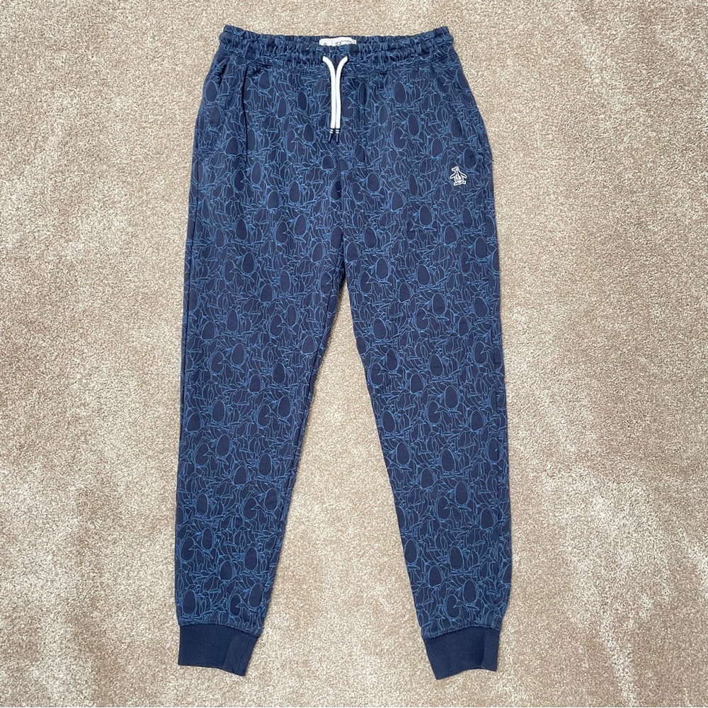 Penguin Organic Cotton Blend Munsingwear Joggers Blue Print Pockets Athleisure